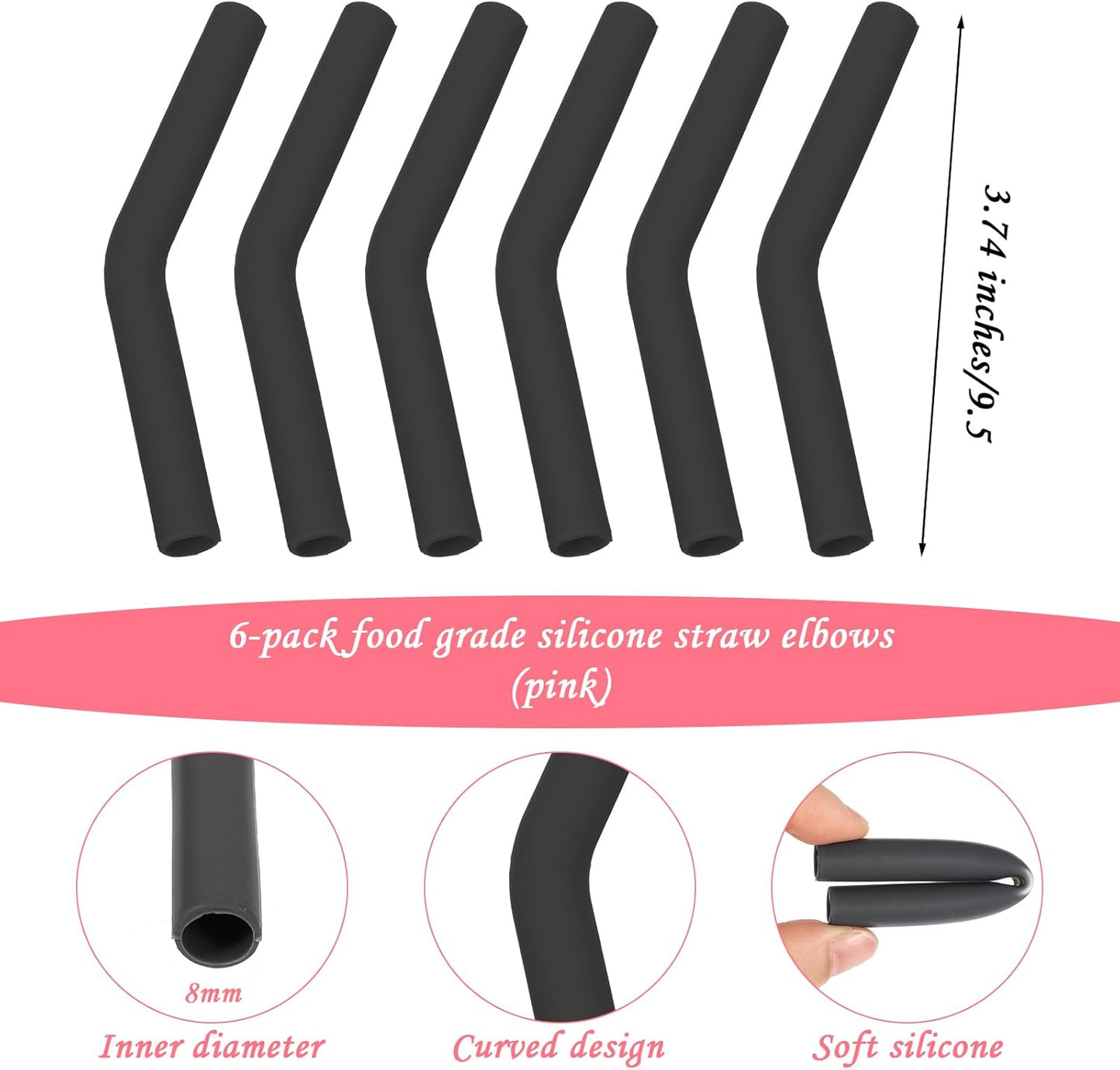 6PCS Silicone Straw Tips Reusable Rubber Straw Covers Replacement Flexible Food Grade Silicone Straw Elbows Tips Extender for 8mm 5/16" Outer Diameter Metal Stainless Steel Straws Accessories(Black)