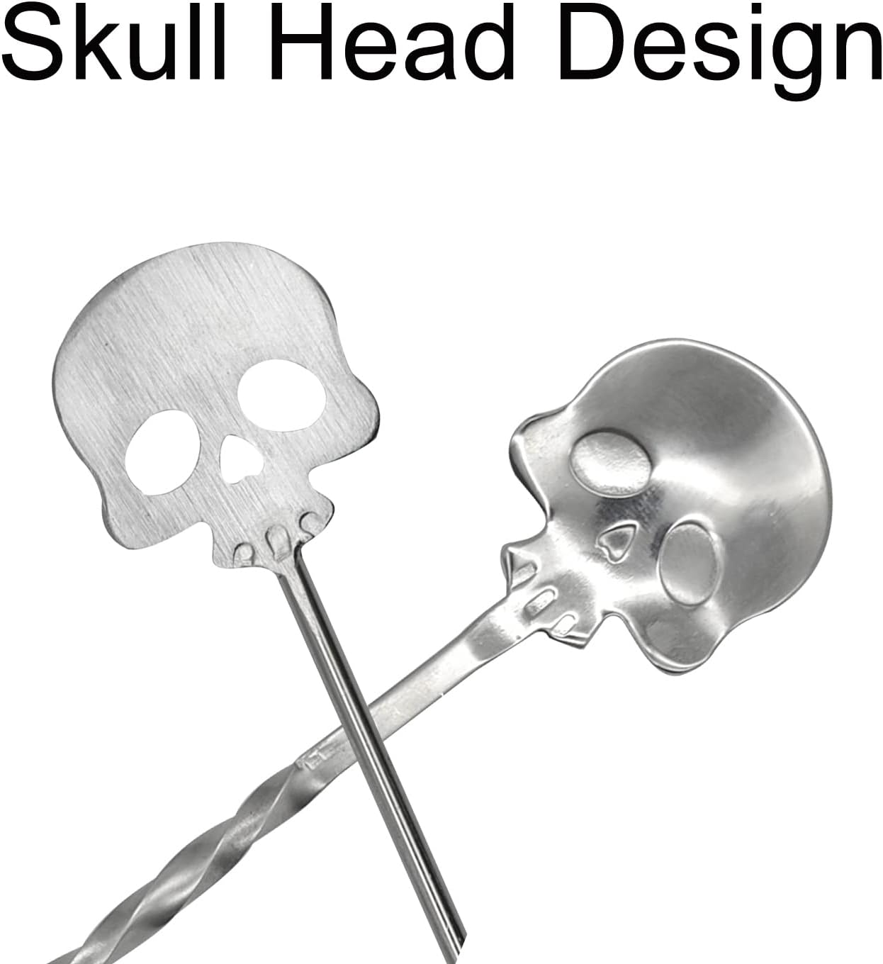 4Pcs Skull Swizzle Stick Bar Spoon Set Reusable Mixing Spoon 18/10(304) Stainless Steel Coffee Stirrer for Bar Home Halloween Party Stirring Cocktail Beverage Drinks