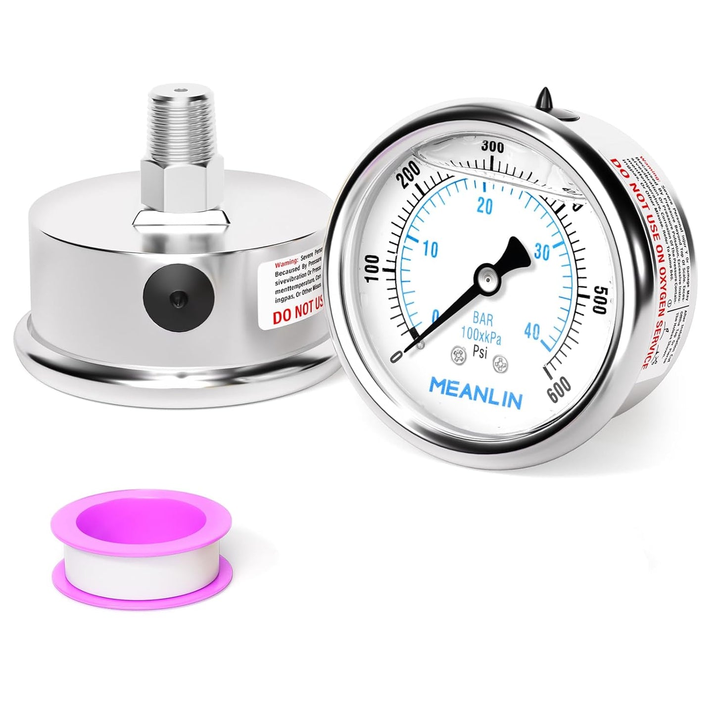 MEANLIN MEASURE 0~600Psi Liquid Filled Pressure Gauge Stainless Steel with 316 Stainless Steel Joint 1/4" NPT 2.5" FACE DIAL for WOG Water Oil Air Center Back Mount
