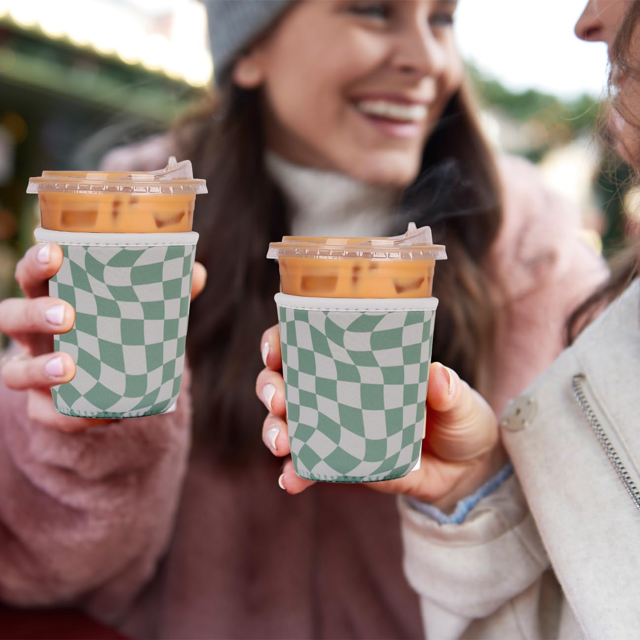 Reusable Insulated Neoprene Iced Coffee Cup Sleeve, Durable Drink Sleeve for Cold Beverages, Beverage Holder for Iced Coffee, Wavy Grid