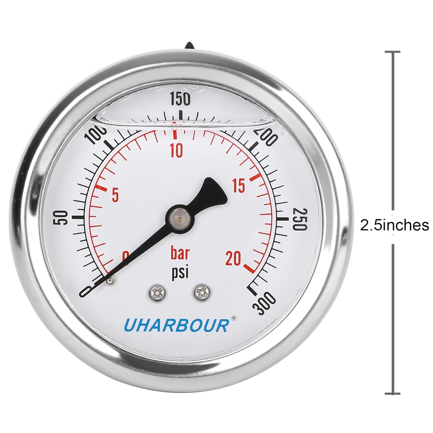 Glycerin Filled Pressure Gauge 300psi/20bar, Stainless Steel case, Brass Inside Construction, 2-1/2" dial, 1/4" NPT Back Connection.……
