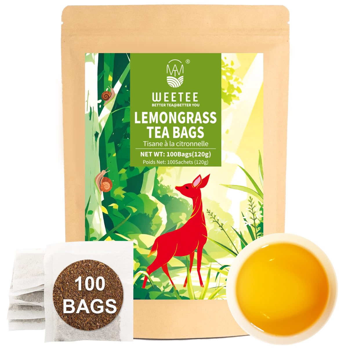 WT WEETEE Lemongrass Tea Bags, 100 Count Pure Lemon Grass Leaves Tea Bags, Natural Caffeine Free Herbal Tea