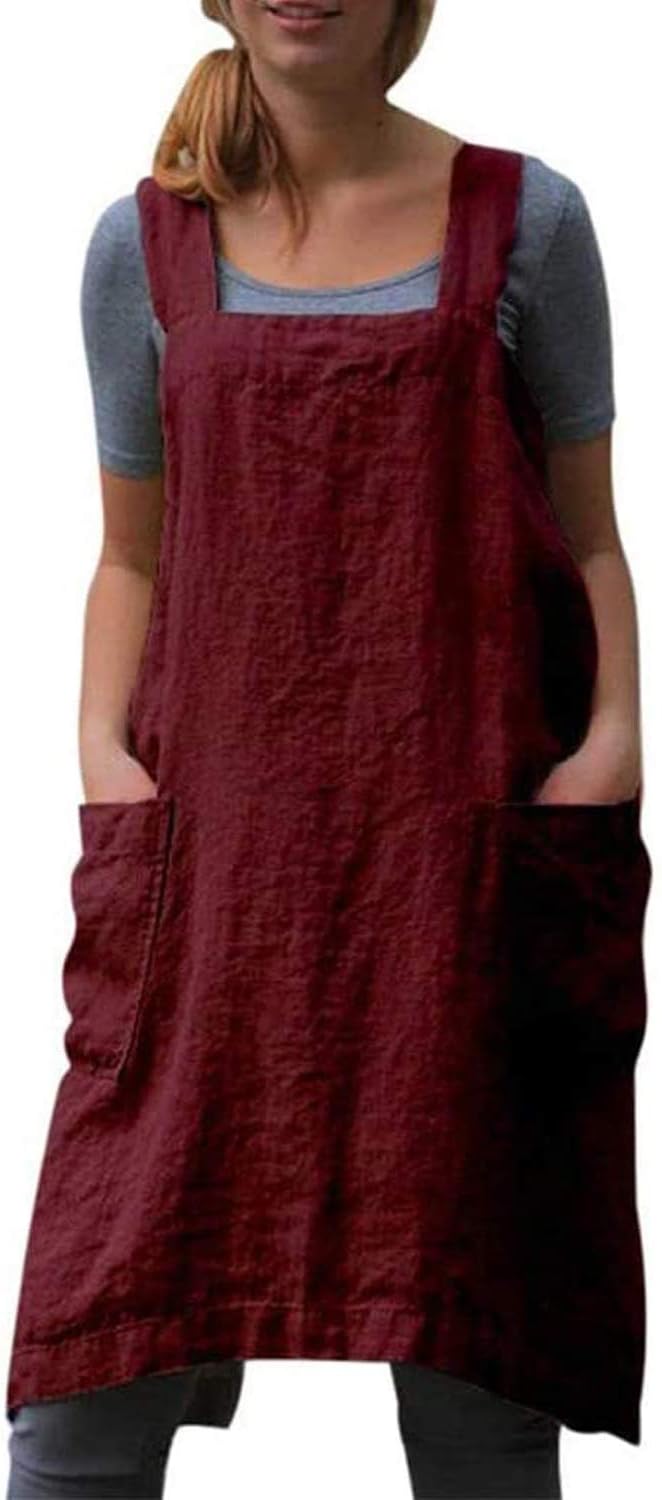 YESDOOD Cotton Linen Apron Cross Back Apron for Women with Pockets Pinafore Dress for Baking Cooking