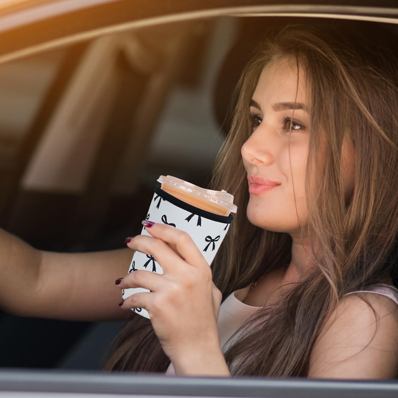 Reusable Insulated Neoprene Iced Coffee Cup Sleeve, Durable Drink Sleeve for Cold Beverages, Beverage Holder for Iced Coffee, Black Bow