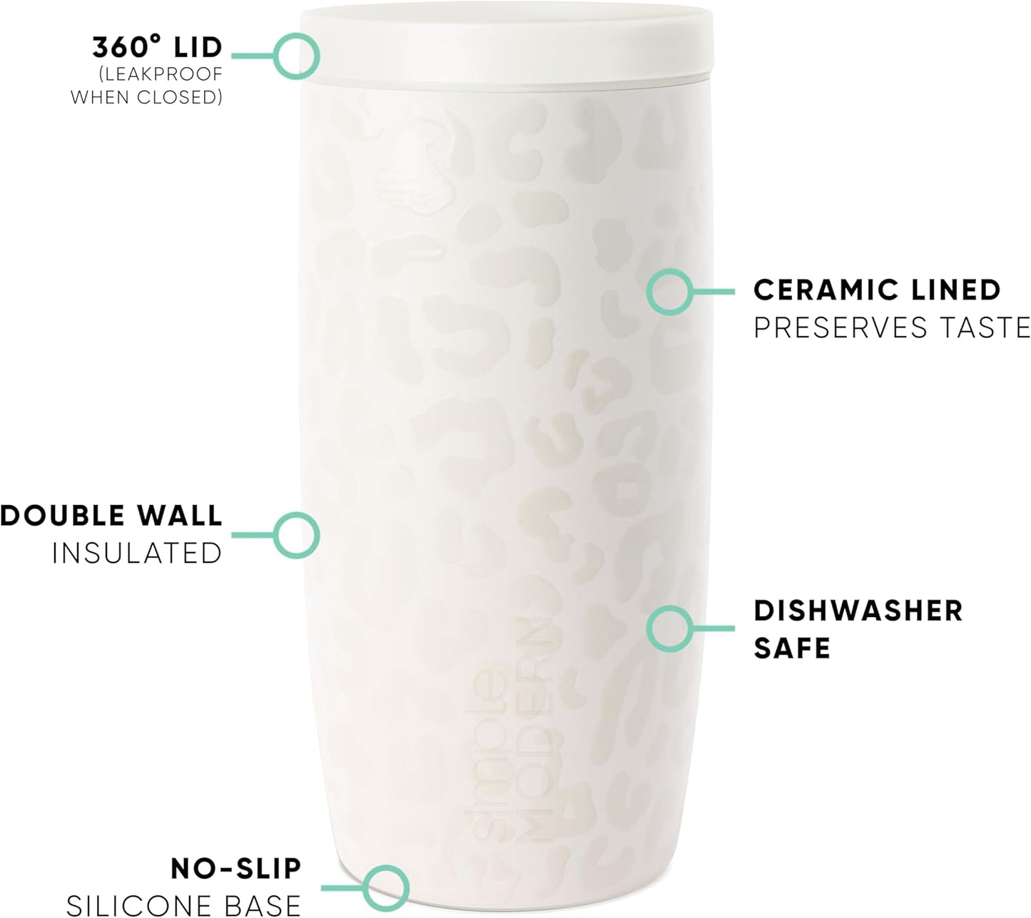 Simple Modern Travel Coffee Mug Tumbler with 360° Lid | Ceramic-Lined Insulated Stainless Steel Cold Brew Iced Coffee Cup Thermos | Gifts for Women Her Him | Voyager Signature | 16oz | Cream Leopard
