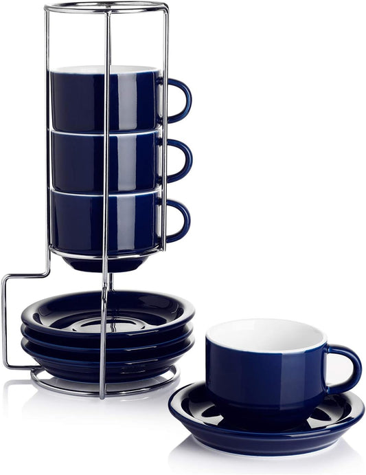 Sweese 2.5 Ounce Porcelain Stackable Espresso Cups with Saucers and Metal Stand Set of 4, Navy