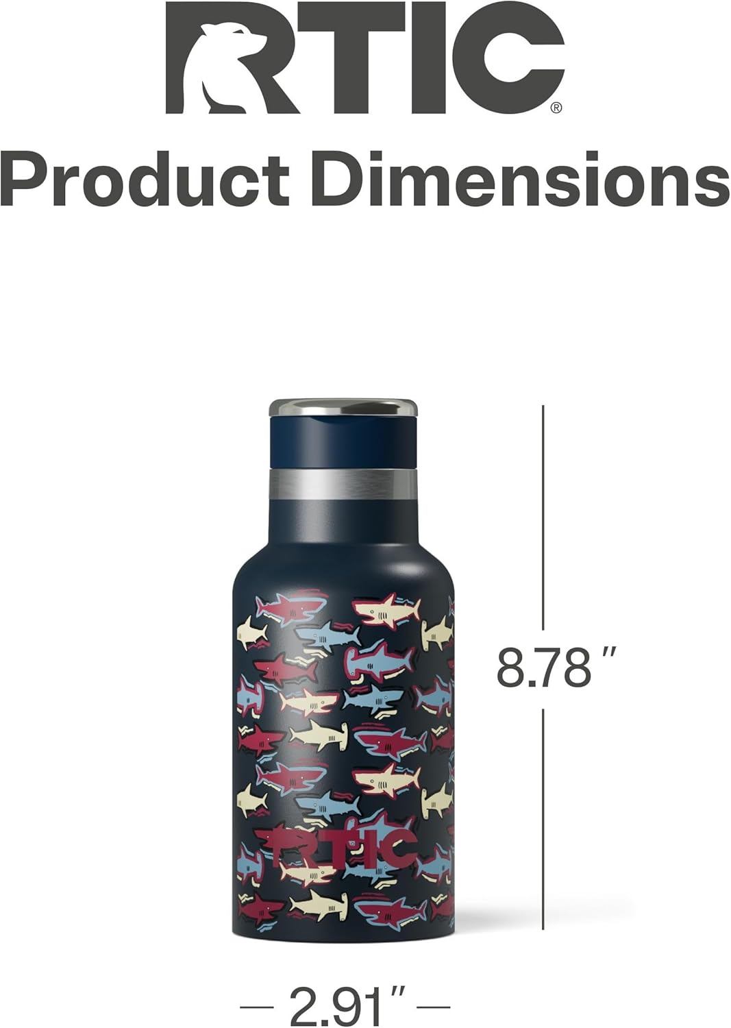 RTIC Little Journey Bottle with Straw, Insulated, Stainless Steel, Metal, Double Wall Vacuum-Insulation, Ceramic-Lined, Leak-Proof Lid, BPA-Free Water Flask for Sports, Travel, Navy Sharks