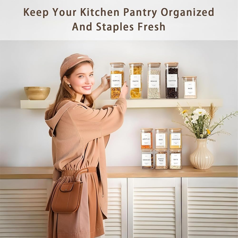 Square Storage Containers with Lids, Clear Food Storage Container Jar with Sealing Bamboo Lid for Noodles Flour Cereal Rice Sugar Tea Coffee Beans