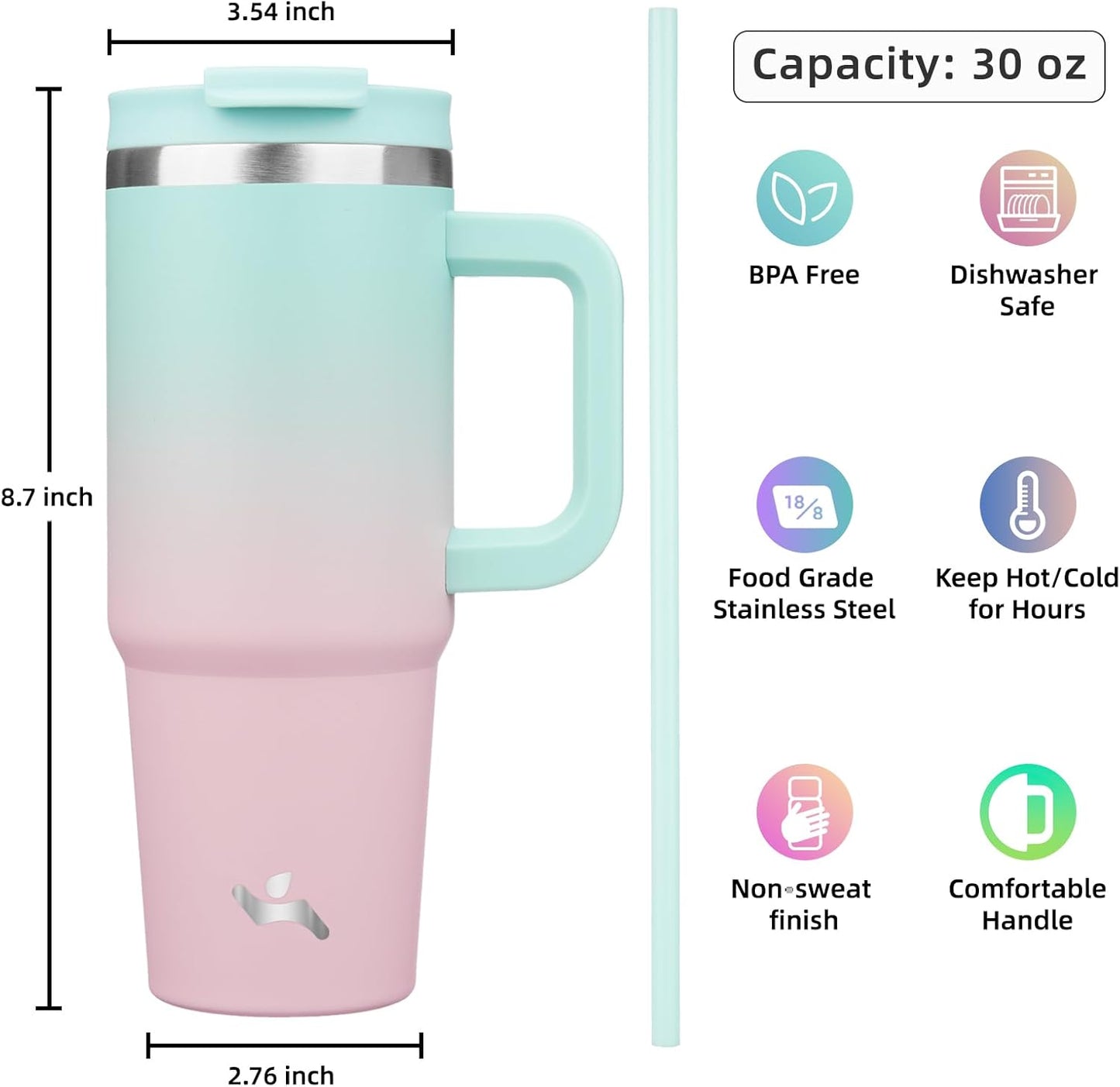 30 oz Tumbler with Handle and 2 Straws,2 in 1 Lid Insulated Water Bottle Stainless Steel Travel Coffee Mug,Gum