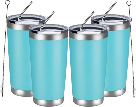 MEWAY 20oz Tumbler 4 Pack Double Wall Vacuum Insulated Travel Mug Bulk, Stainless Steel Tumblers with Lid and Straw, Durable Powder Coated Coffee Cups for Cold & Hot Drinks (Light Blue, 4)