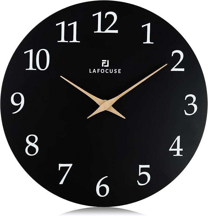 Lafocuse 12 Inch Wooden Black Wall Clock Battery Operated Silent Non-Ticking by VisiteLafocuse