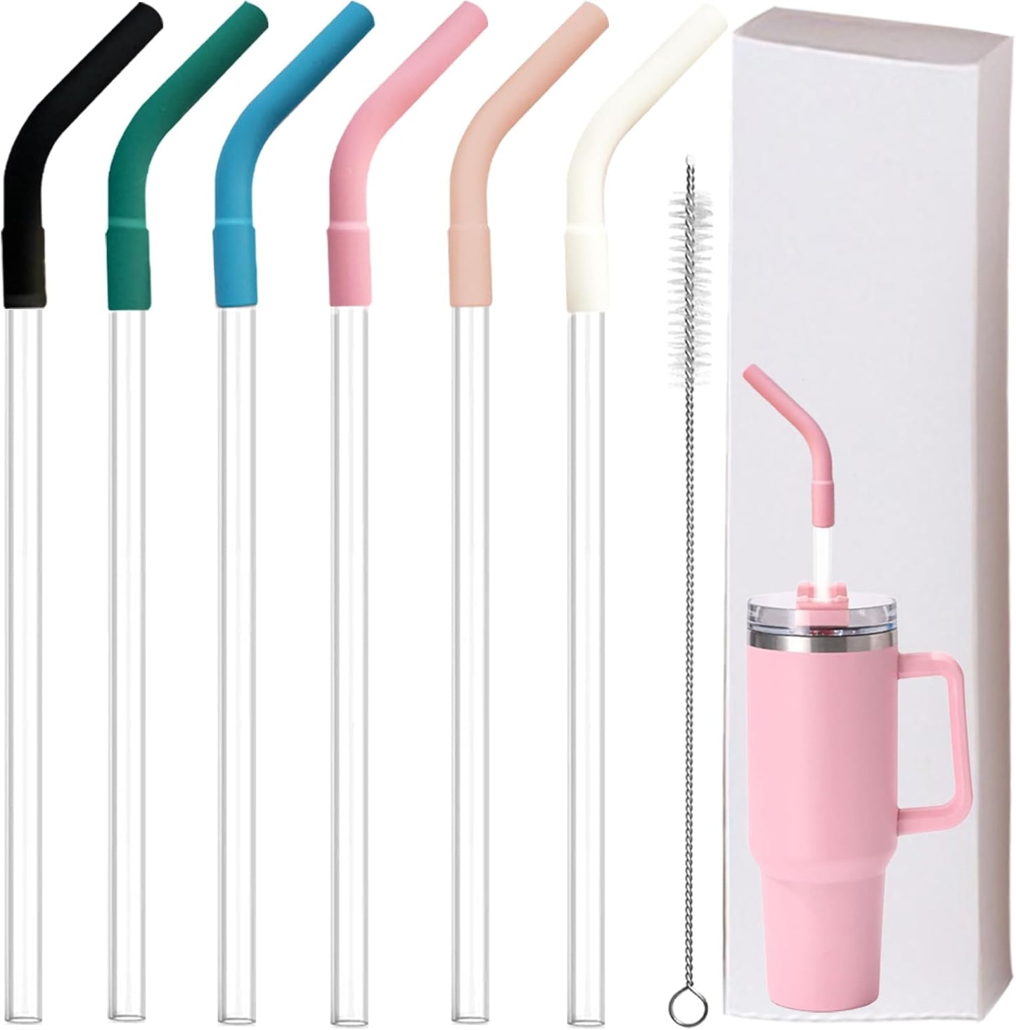 6 Pcs Reusable Silicone Straw Tips with 6 Pcs Clear Plastic Straws Compatible with Stanley 40/30 oz Cup Tumbler 8mm Drinking Long Straws with Flex Elbow Silicone Covers, 1 Cleaning Brush
