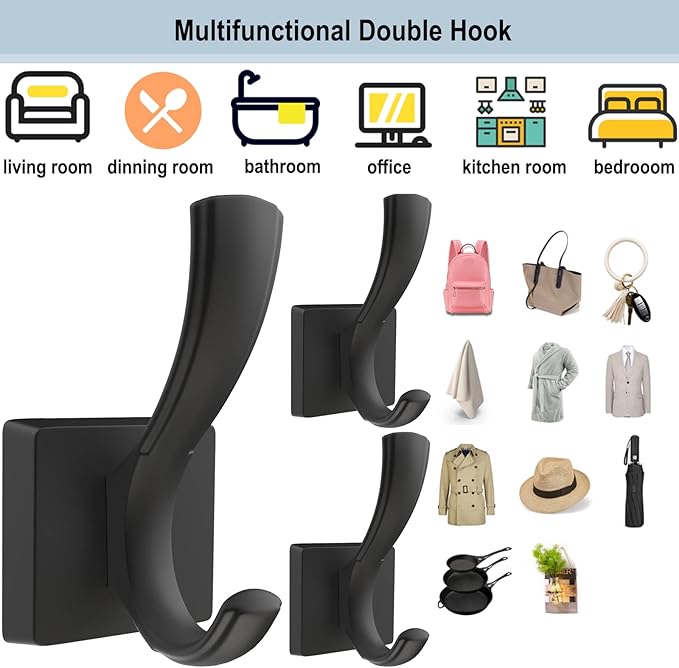 TOFIIGREM Black Coat Hooks for Wall Hanging, Bath Robe Hook Heavy Duty Thick - Image 7
