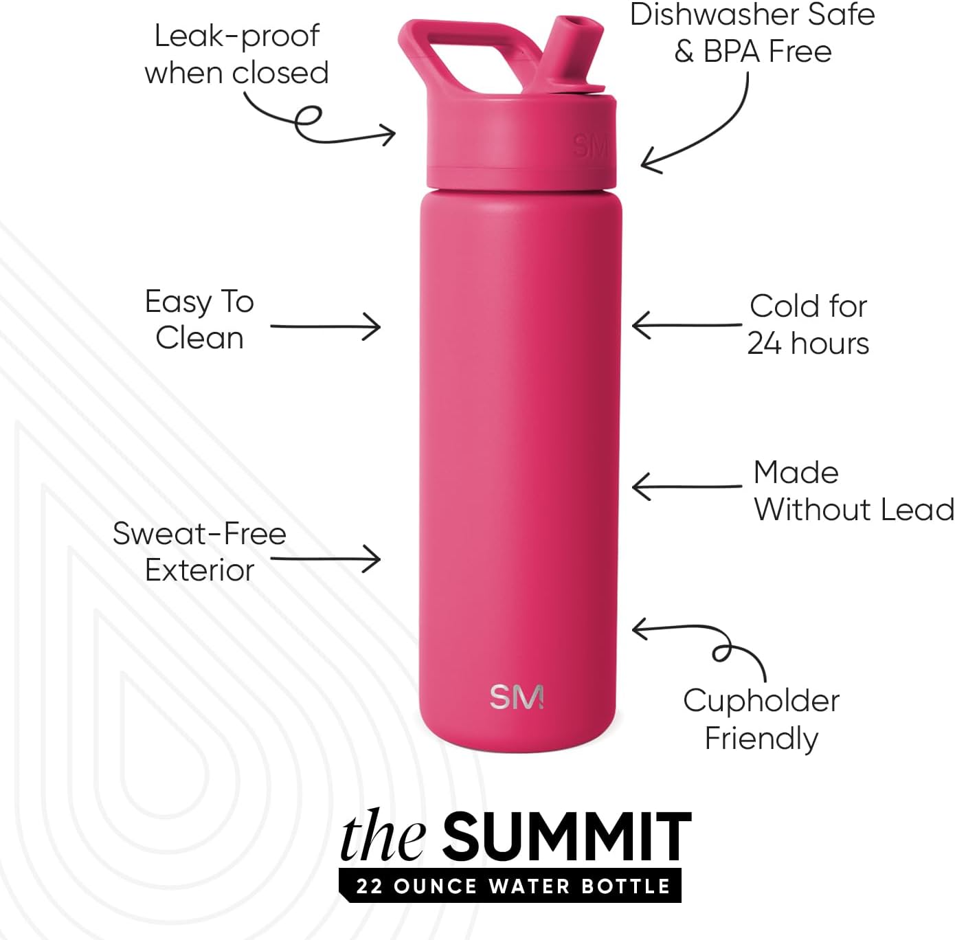 Simple Modern Water Bottle with Straw Lid | Vacuum Insulated Stainless Steel Metal | Reusable Leak Proof BPA-Free Cup for School | Summit Collection | 22oz, Berry Twist