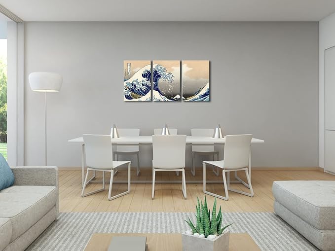 Wieco Art Great Wave of Kanagawa Katsushika Hokusai 3 Piece Modern Stretched - Image 4