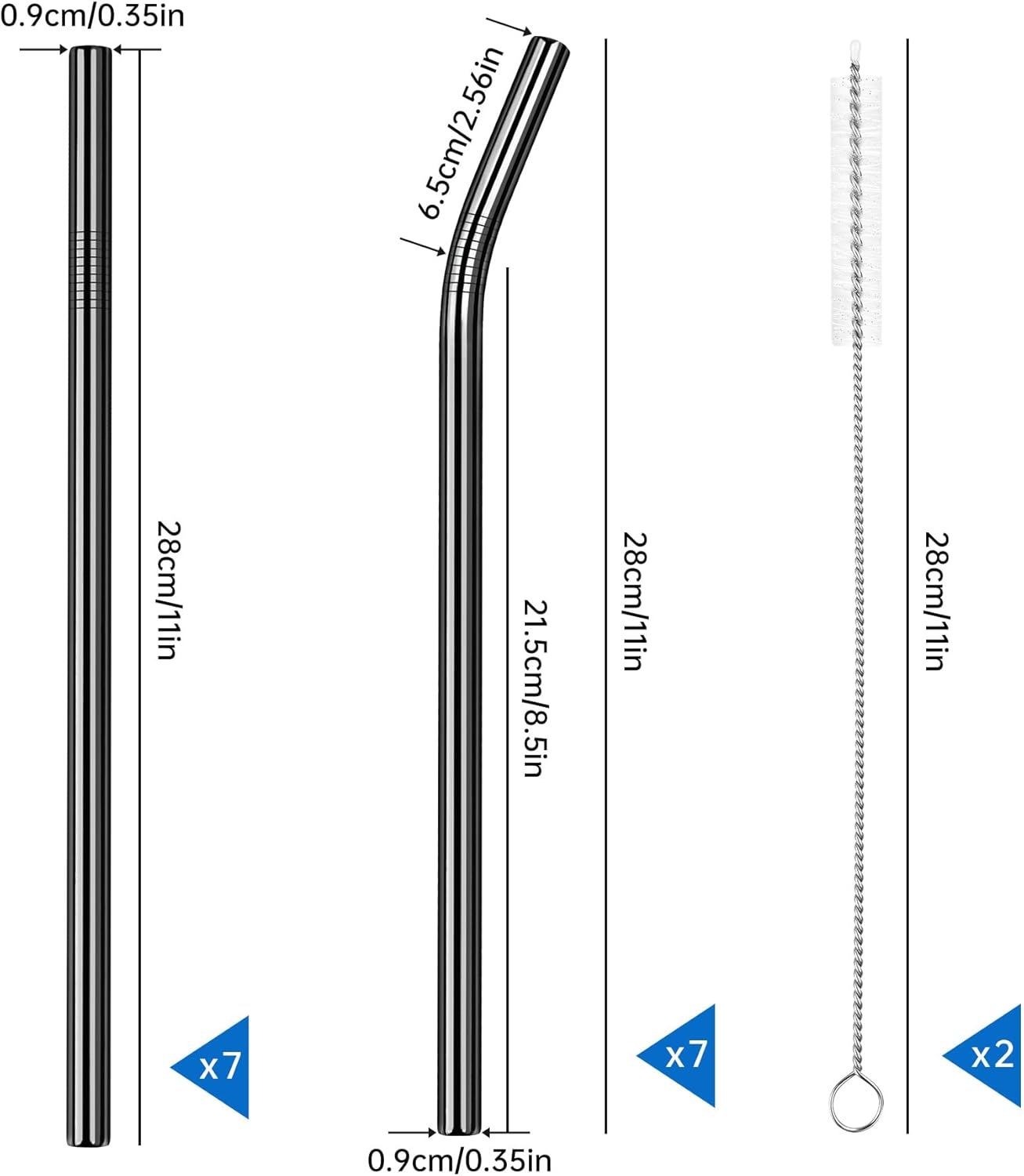 Tomorotec 11 Inch Stainless Steel Reusable Drinking Straws 14PCS & 2 Cleaning Brushes Set with Curved & Straight Designs, Compatible with 30oz Stanley Tumblers, Dishwasher Safe, BPA-Free (Black)