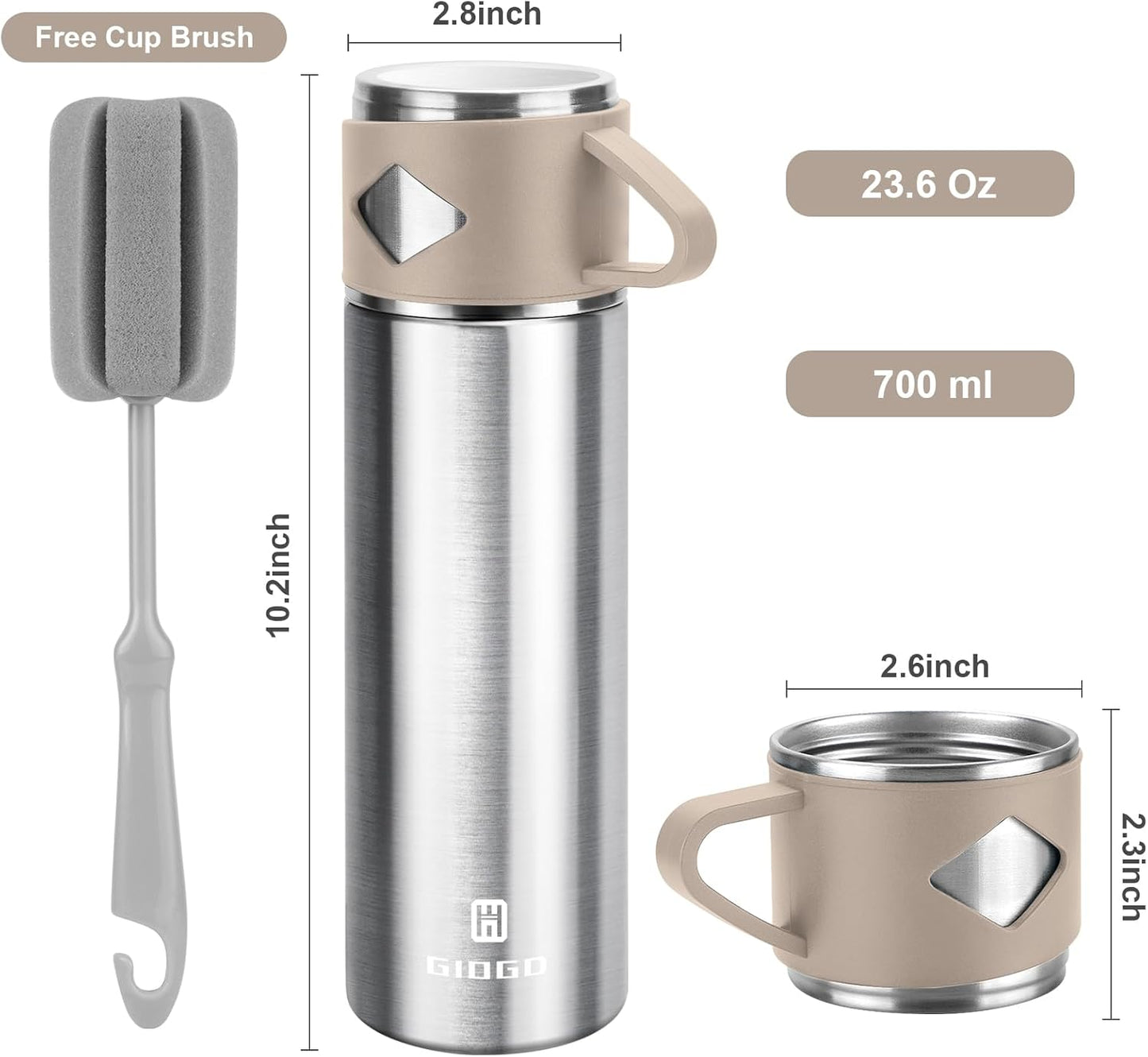 Stainless Steel Thermo 700ml/23.7oz Vacuum Insulated Bottle with Cup for Coffee Hot drink and Cold drink water flask.(Brown,Set)