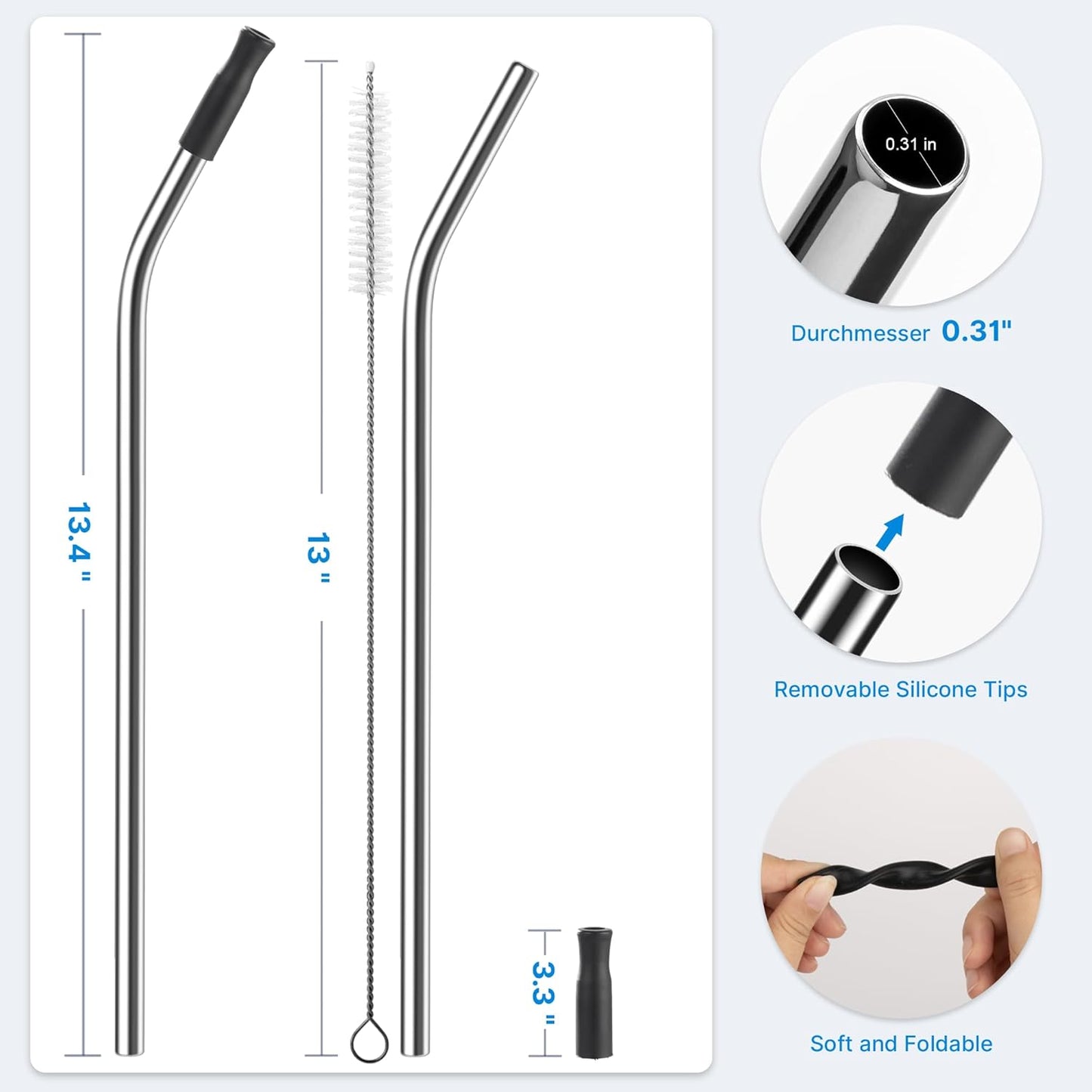 Repeatable Metal Straw with Silicone Tips for 40 oz Stanley Tumbler, 2 Pcs 40 oz Stainless Steel Straws Replacement for Stanley Tumbler, 1 Straw Brush, BPA Free（Black）