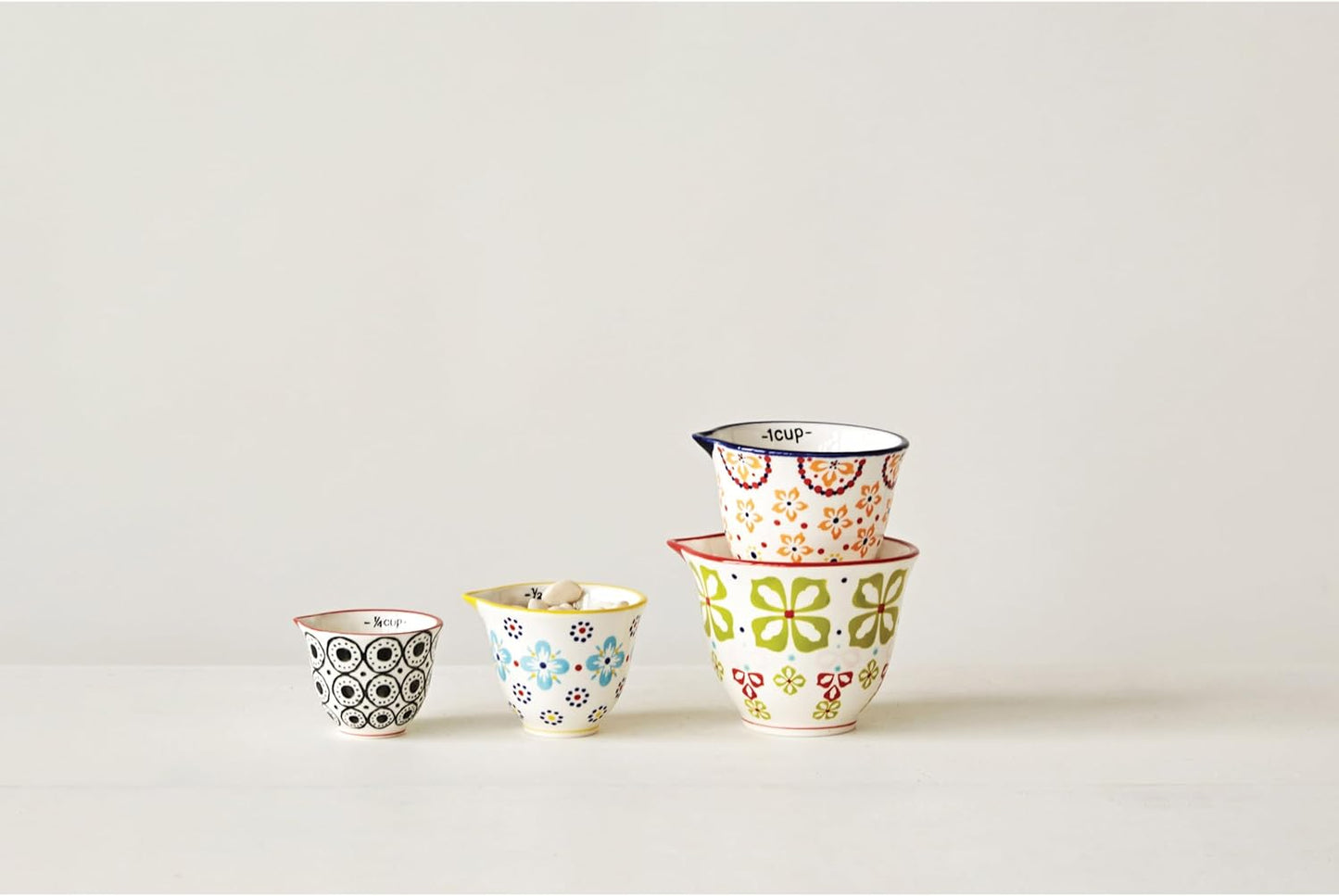 Creative Co-Op Floral Hand Stamped Stoneware Measuring Cups (Set of 4 Sizes/Designs)