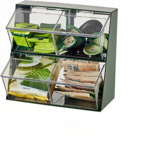 Bokelai K Cup Holder Plastic Organizer for coffee pod with Lid Large Capacity Countertop Versatile Desk Storage Station for Capsule Creamer Suger Tea Bag Face Mask Green/Clear