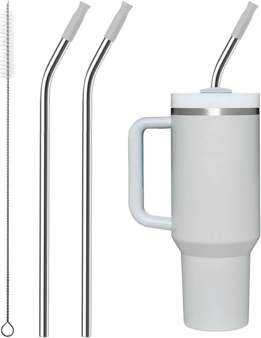 Repeatable Metal Straw with Silicone Tips for 40 oz Stanley Tumbler, 2 Pcs 40 oz Stainless Steel Straws Replacement for Stanley Tumbler, 1 Straw Brush, BPA Free（Light Gray）