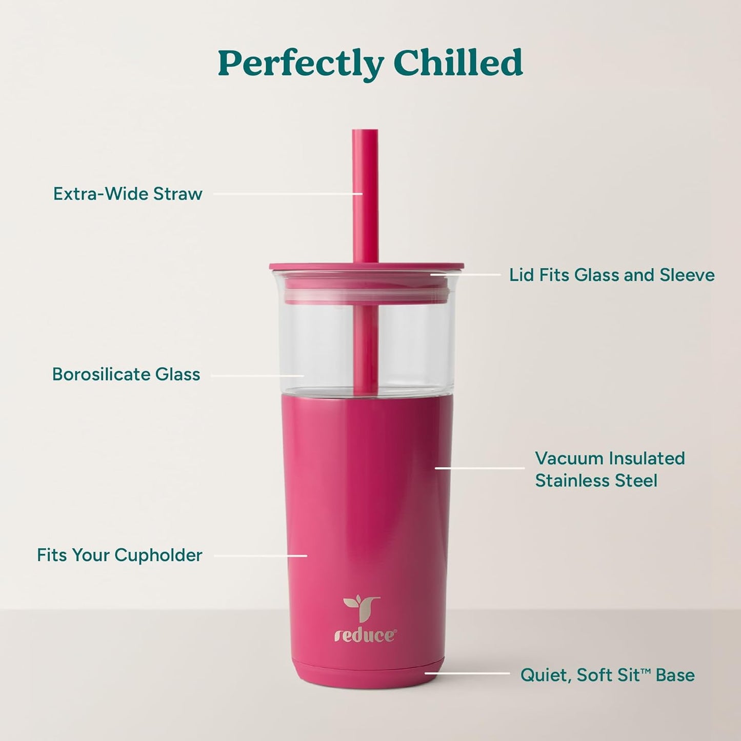 REDUCE Aspen 20 oz Vacuum Insulated Glass Tumbler with Lid & Extra Wide Straw - Keeps Drinks Cold for 12 Hrs - Ideal for Iced Coffee, Smoothies & Boba - Dishwasher Safe, Soft Base - Dragonfruit