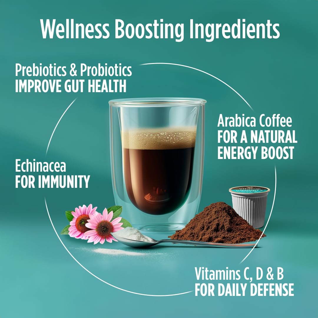 VitaCup Immunity Coffee Pods, Wellness Boost with Antioxidants, Echinacea, Probiotics, Vitamin C & D3, Medium Dark Roast, Recyclable Single Serve Pod Compatible with Keurig K-Cup Brewers,64 Ct