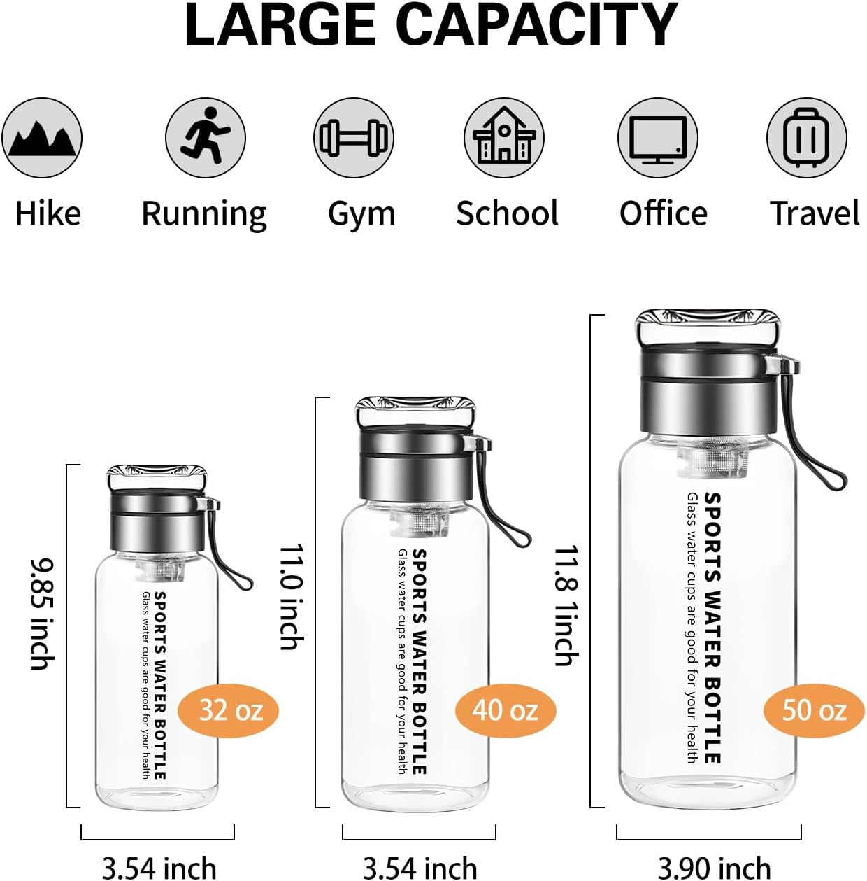 40 oz Glass Water Bottles - Large, Clear, Borosilicate Glass Water Bottle with Stainless Tea Infuser - Cup-Function Lid, Neoprene Sleeve, Strap - Wide Mouth BPA free, for Tea, Beverages, Juice