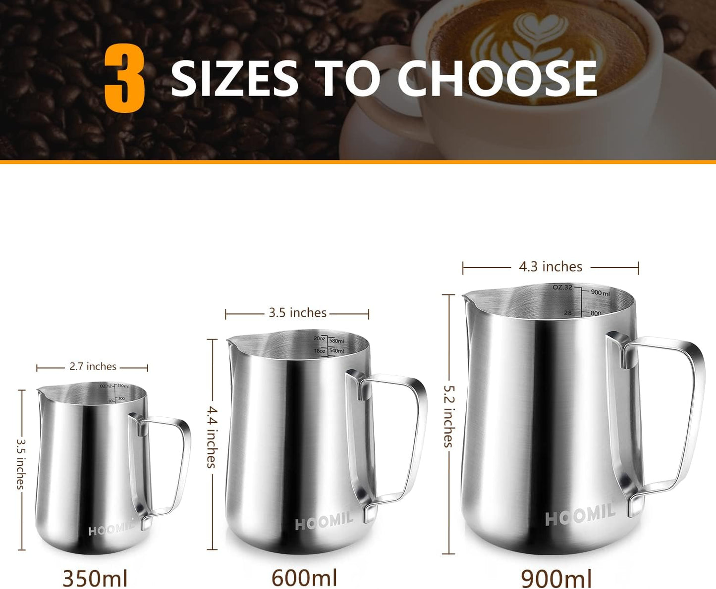 HOOMIL Milk Frothing Pitcher, 12oz/350ml Stainless Steel Steaming Pitcher Barista Milk Frother Cup Jug for Espresso Machine Coffee Cappuccino Latte Art - Silver