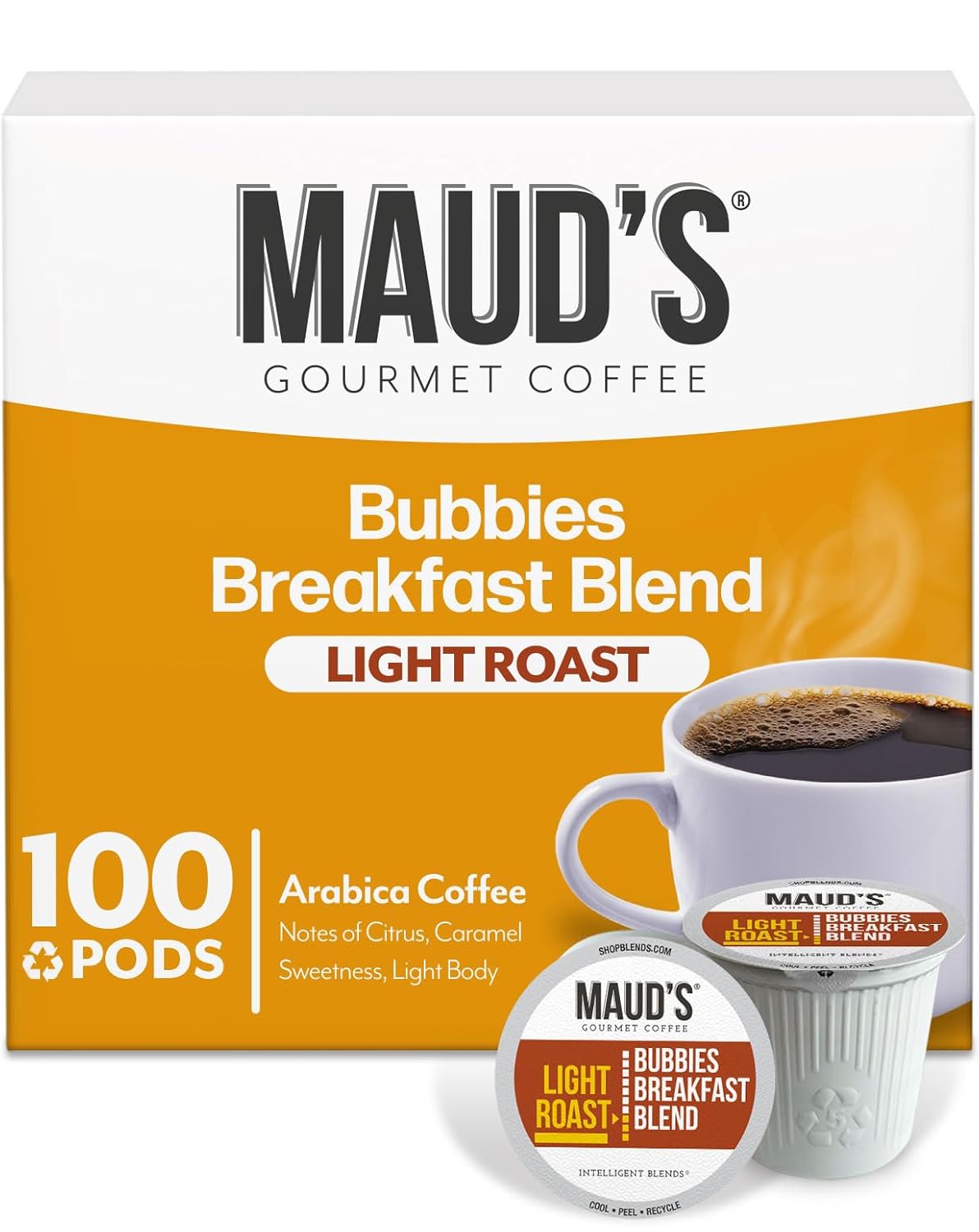 Maud's Breakfast Blend Coffee Pods, 100 ct, Light Roast Coffee in Recyclable Single Serve Pods – 100% Arabica Beans, Compatible with Keurig K Cups Maker