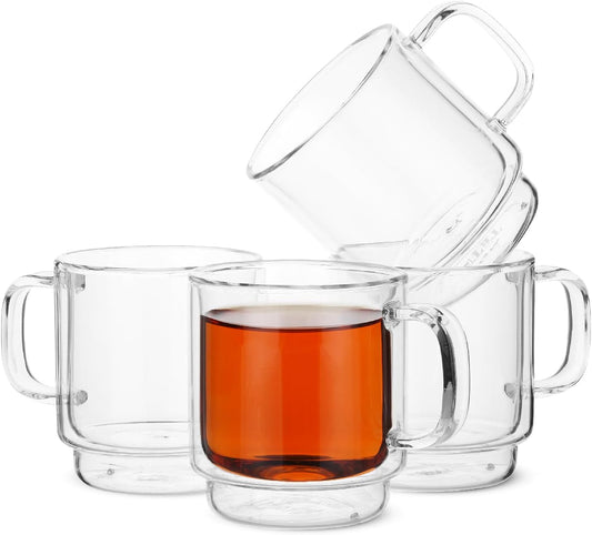 BTaT- Stackable Espresso Cups, Set of 4 (5.0 oz, 150 ml), Double Wall Glass Coffee Mugs, Clear Tea Cup, Demitasse