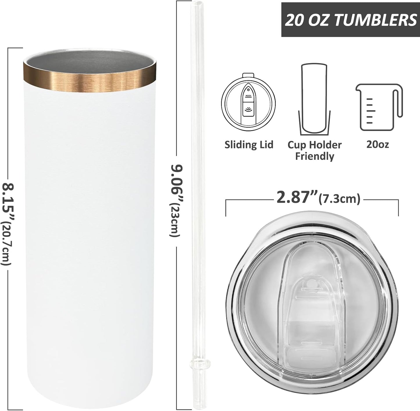 20 oz Skinny Tumblers Bulk, Stainless Steel Insulated Tumbler with Lids and Straws, Slim Double Wall Powder Coated Travel Coffee Mugs, Reusable Cup for Hot and Cold Drinks (White,1 pack)