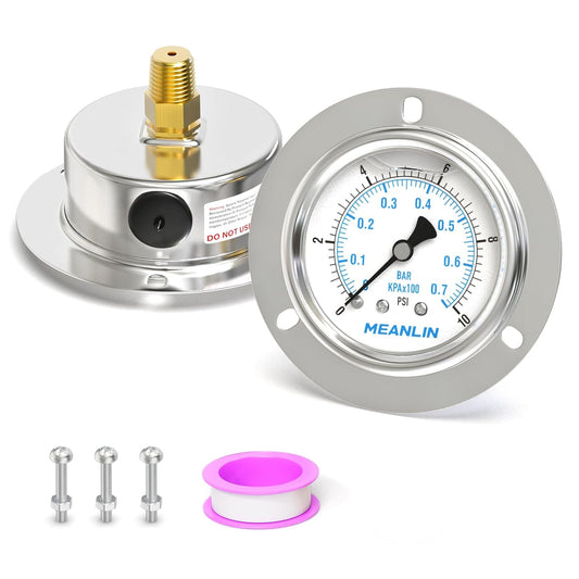 MEANLIN MEASURE 0~10Psi Liquid Filled Pressure Gauge Front Flange Panel Mount, 1/4" NPT 2.5" FACE DIAL Stainless Steel Case with Phillips Screw and Nut, +/-3-2-3%