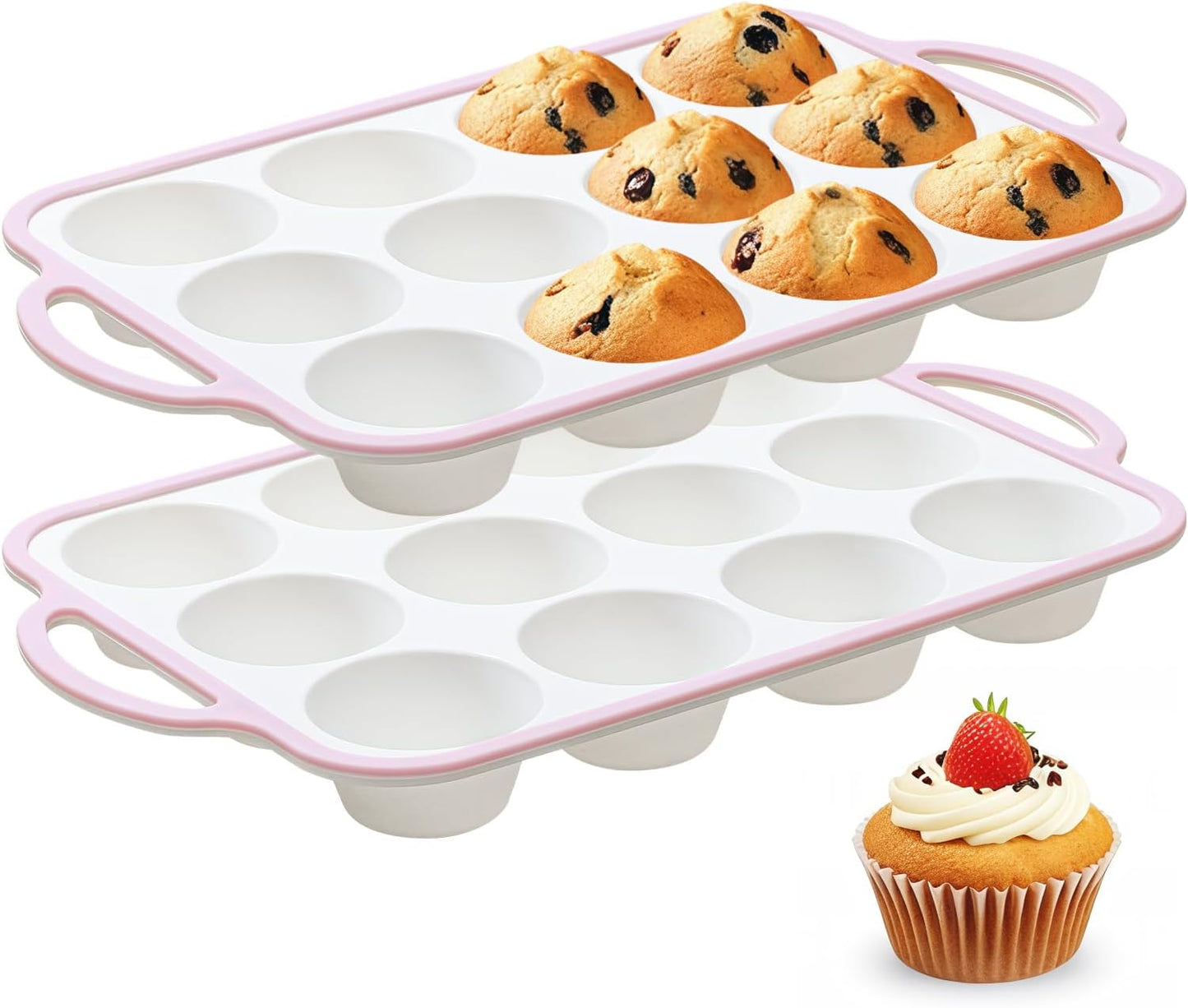 Silicone Muffin Pans for Baking 2 Pack, 2.6 Inch with Metal Reinforced Frame, Regular Size Nonstick Silicone Cupcake Pan for Baking Homemade Muffins, Cupcakes, Dishwasher Safe BPA Free-Pink