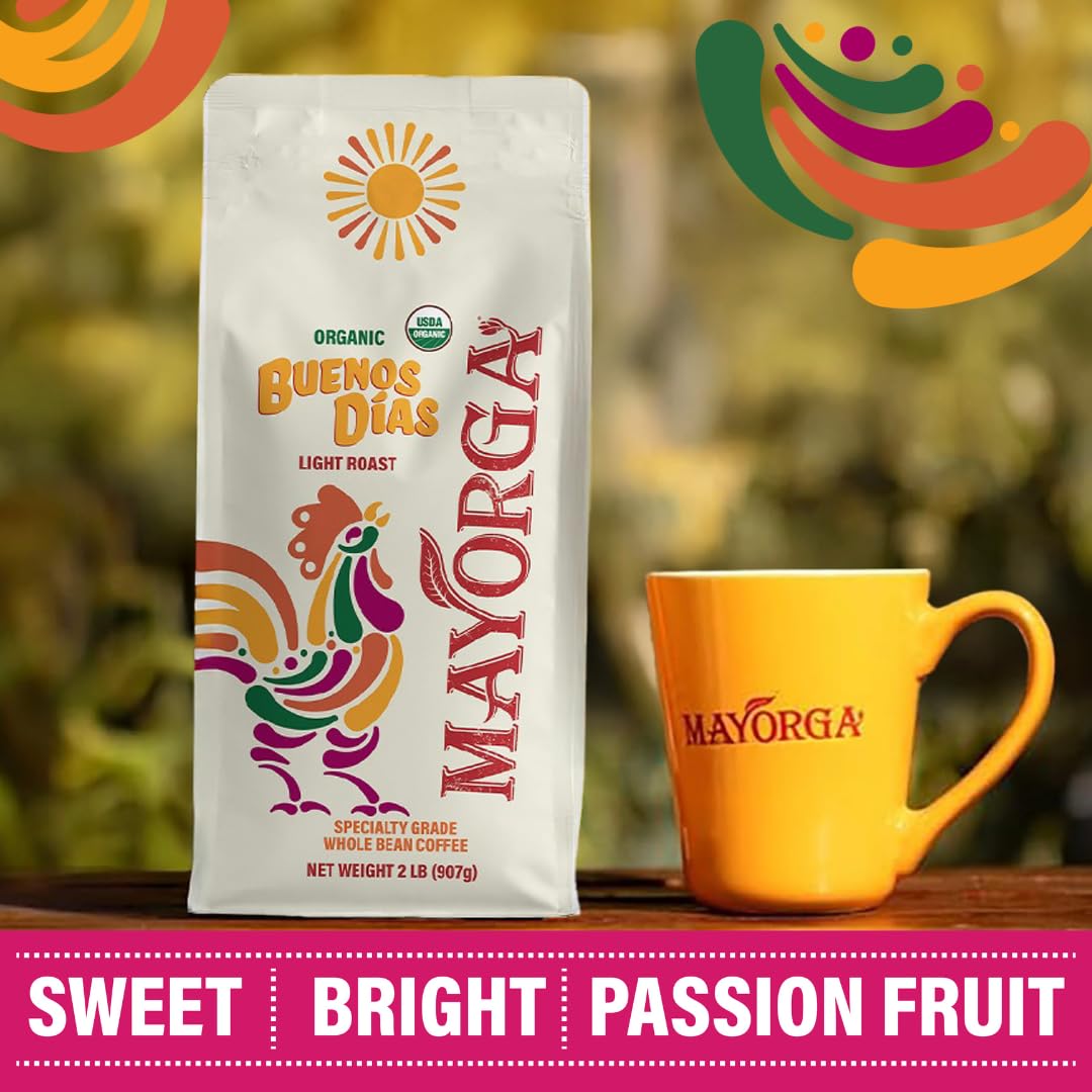 Mayorga Organic Coffee 2lb Buenos Dias - Light Roast Whole Bean Coffee Specialty Grade, 100% Arabica, Slow Roasted, Citrusy and Sweet Flavor with Low Acidity - USDA Organic, Non-GMO, Kosher
