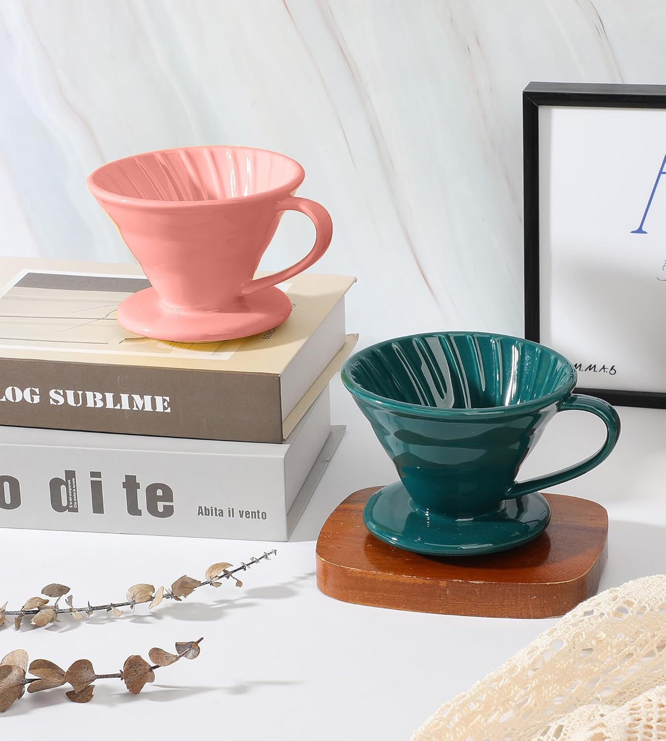 Pour Over Coffee Dripper - Ceramic Pour Over Coffee Maker Cone, Porcelain Coffee Drip, Pour Over Single Cup, Manual Brew Maker for Home, Cafe, Office - 1-4Cup, V60 Size 02 (Light Coral)