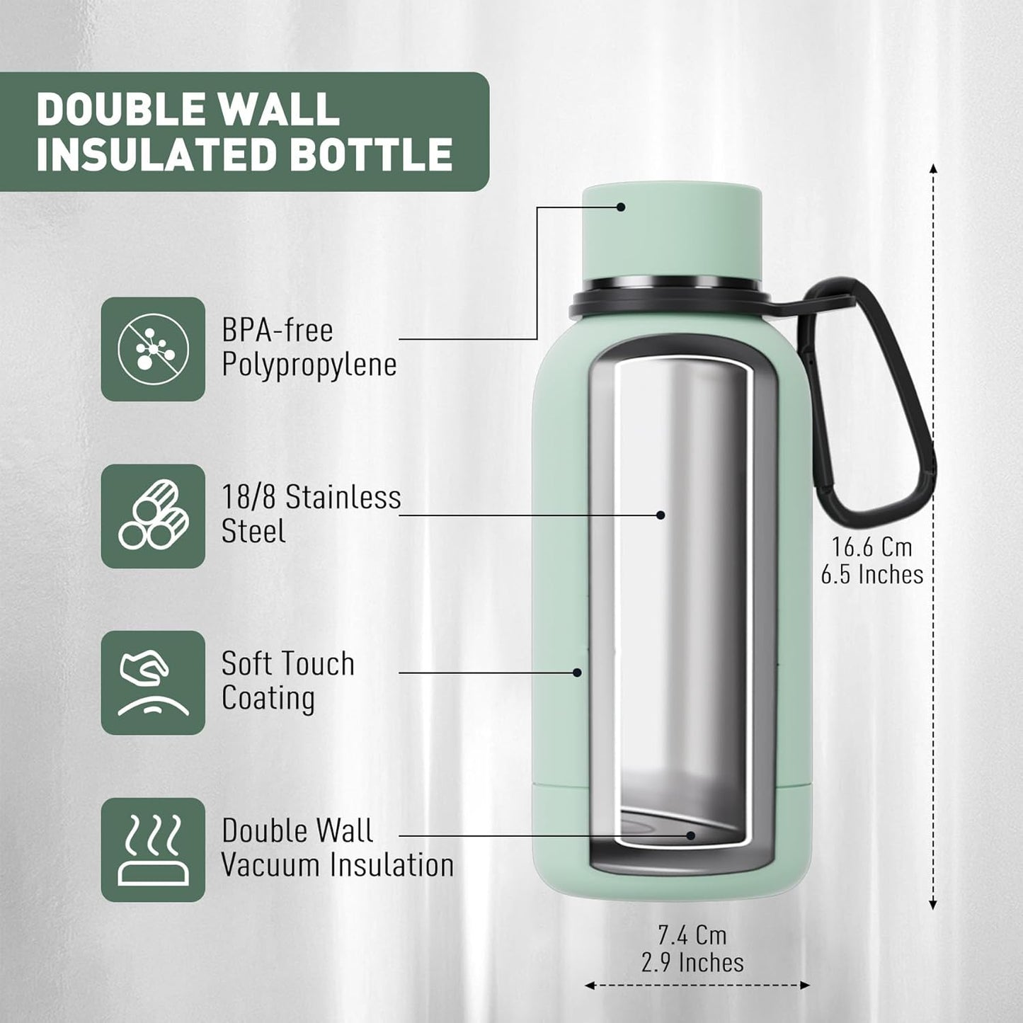 Small Water Bottle 12oz with Clip, Double Wall Stainless Steel Vacuum Small Insulated Water Bottle Keeps Drinks Cold 24 Hrs/Hot 12 Hrs for Kids Handbag School BPA Free (Mint)