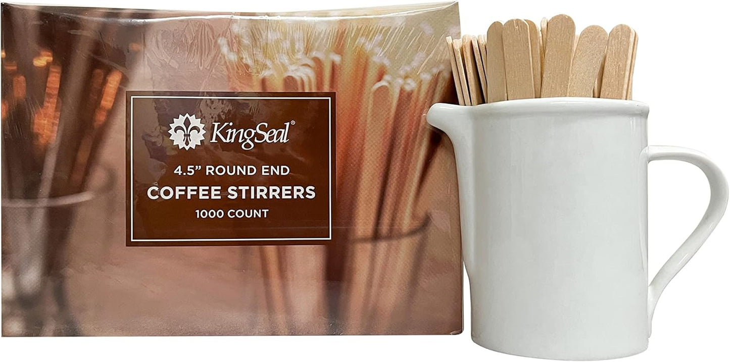 1000 Count | KingSeal Natural Birch Wood Coffee Beverage Stirrers, Stir Sticks, Waxing Sticks, Popsicle Sticks, 4.5 Inches, Round End - 1 Box of 1000 Stirrers