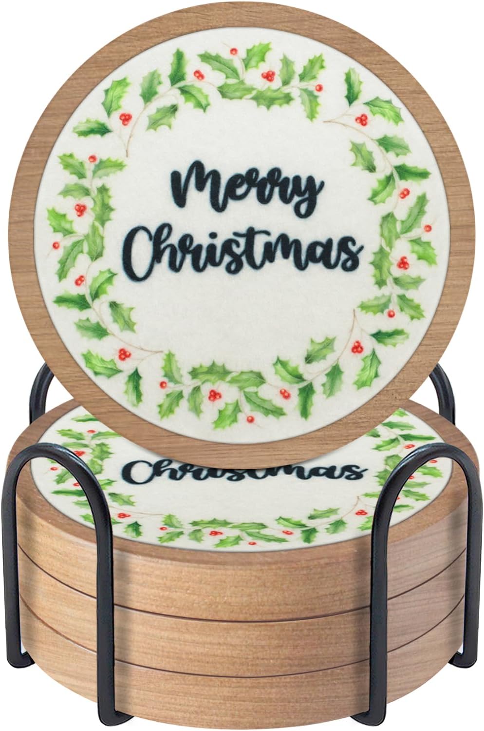 Christmas Coasters Set of 4 with Holder, Cewiru Cup Mat for Drinks, Absorbent Coasters with Felt Insert for Coffee Table Protection, Modern Style Home Dining Table Decor, 4.3"