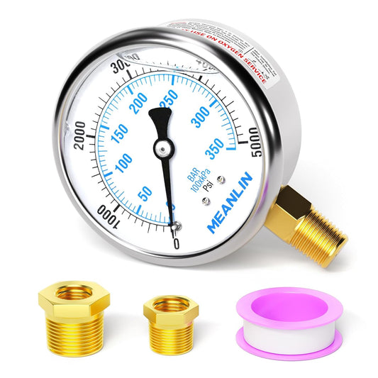MEANLIN MEASURE 0~5000Psi Stainless Steel 1/4" NPT 2.5" FACE DIAL Liquid Filled Pressure Gauge WOG Water Oil Air Lower Mount, with 1/2" NPT and 3/8" NPT Hex Bushing