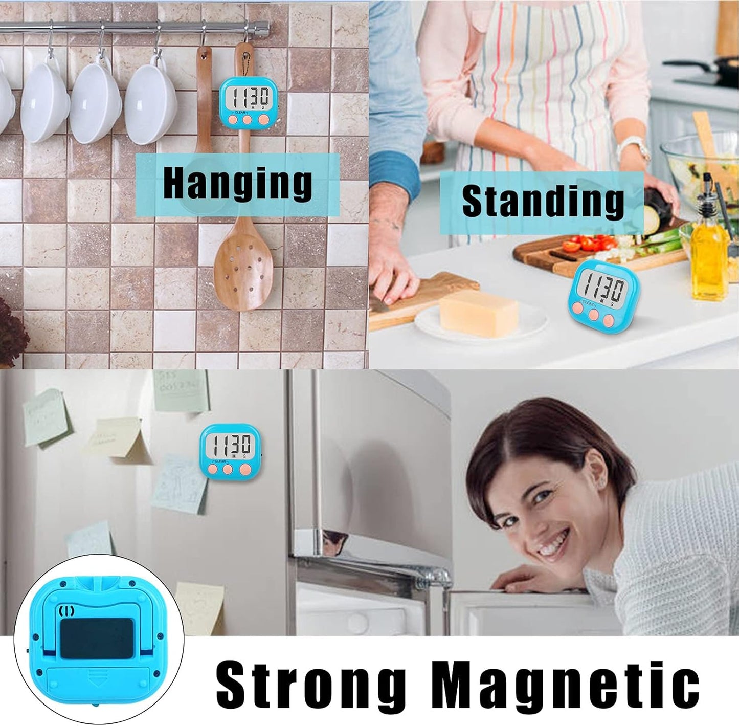 6 Pack Kitchen Timers Loud Ring Digital Timers for Cooking Magnetic Blue