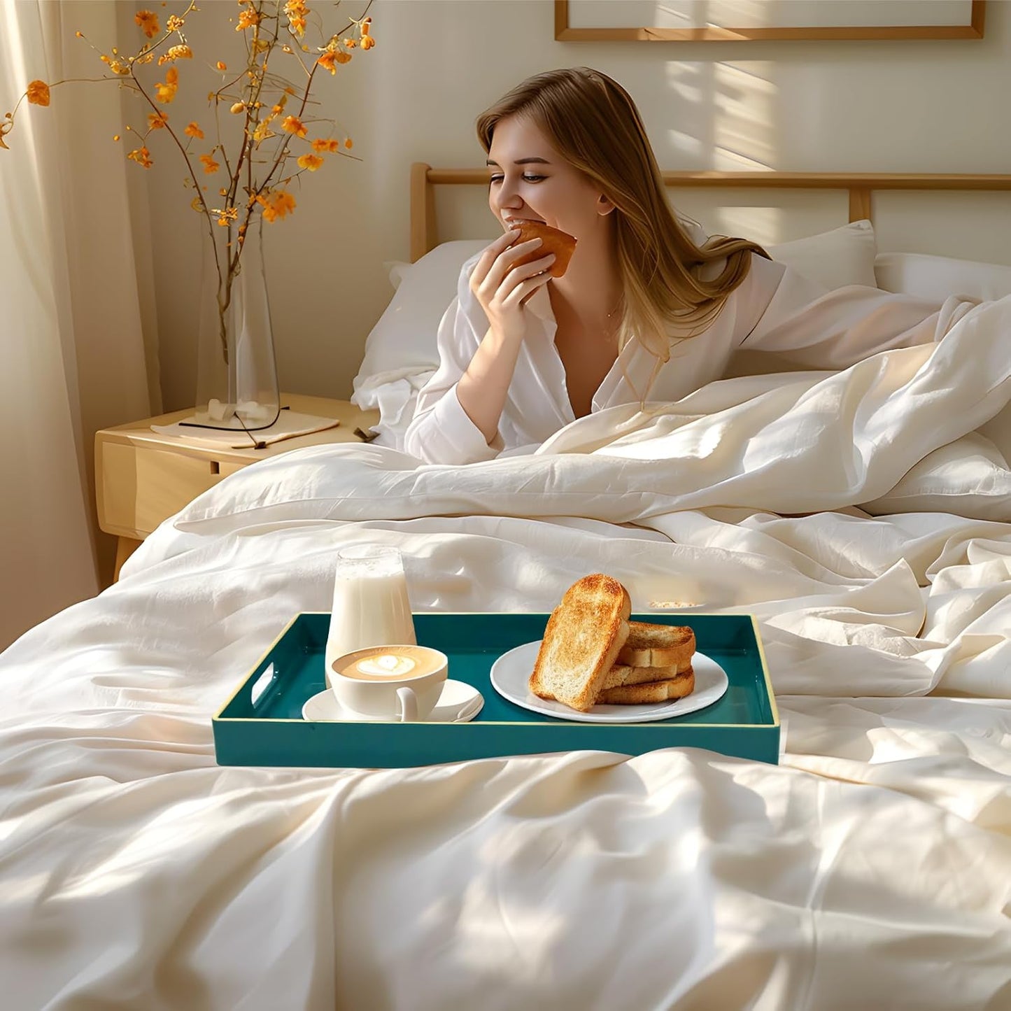 MAONAME Teal Serving Tray with Handles, Modern Decorative Tray for Coffee Table, Plastic Rectangular Trays for Ottoman, Bathroom, Decor, 15.8” x 10.2” x1.4