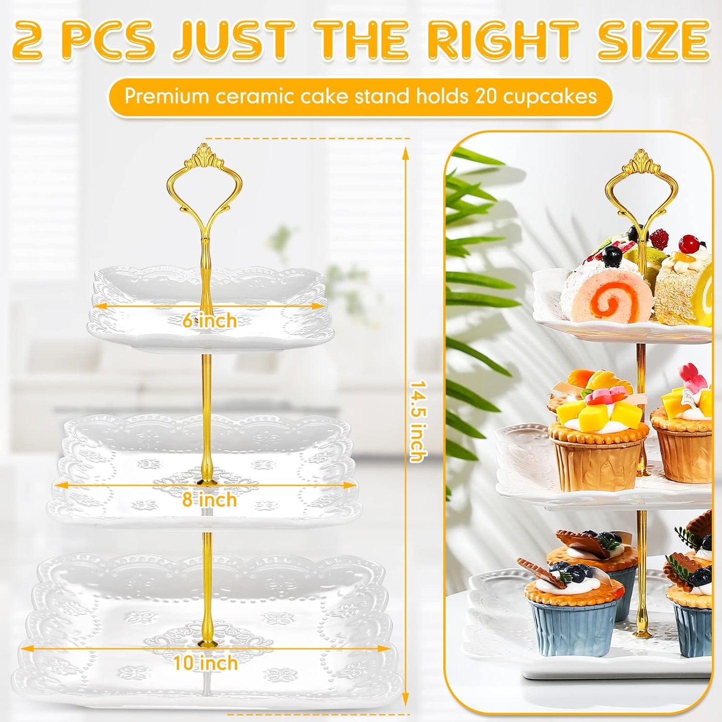 Tatuo 2 Pcs 3 Tier Porcelain Cupcake Stand, Cup Cake Holder Tower, Pastry Serving Elegant Dessert White Ceramic Tiered Stand for Wedding, Birthday, Tea Party(Lace Square Shape)