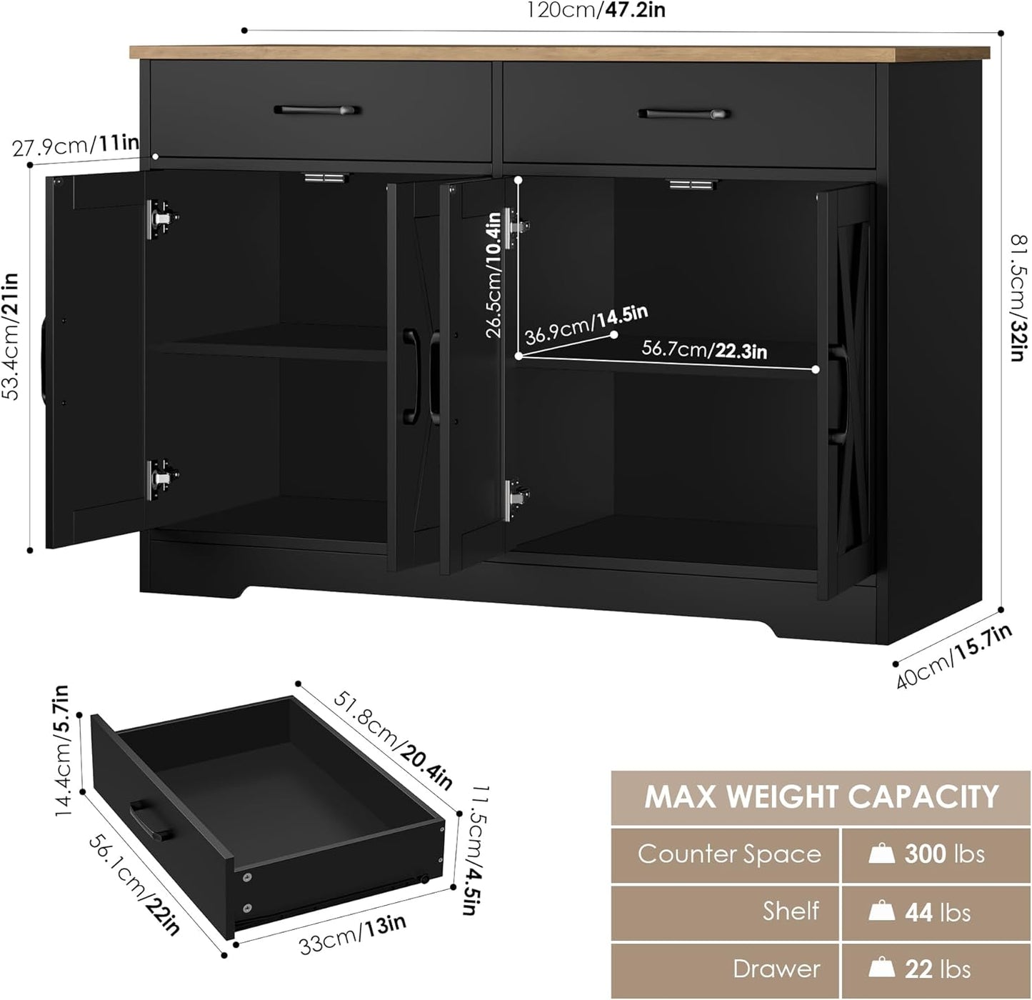 HOSTACK Buffet Cabinet with Storage, 47.2" Kitchen Sideboard Buffet with Drawers, Modern Farmhouse Coffee Bar Station with Shelves, Barn Doors Storage Cabinet for Living Room, Black/Rustic Brown