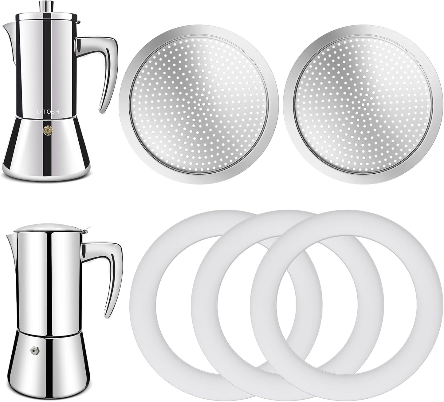 2 Pcs Filter with 3 Pcs Silicone Gasket Seals for 12 Cup Stovetop Espresso Coffee Maker Replacement Parts for 304 Stainless Steel Moka Pot