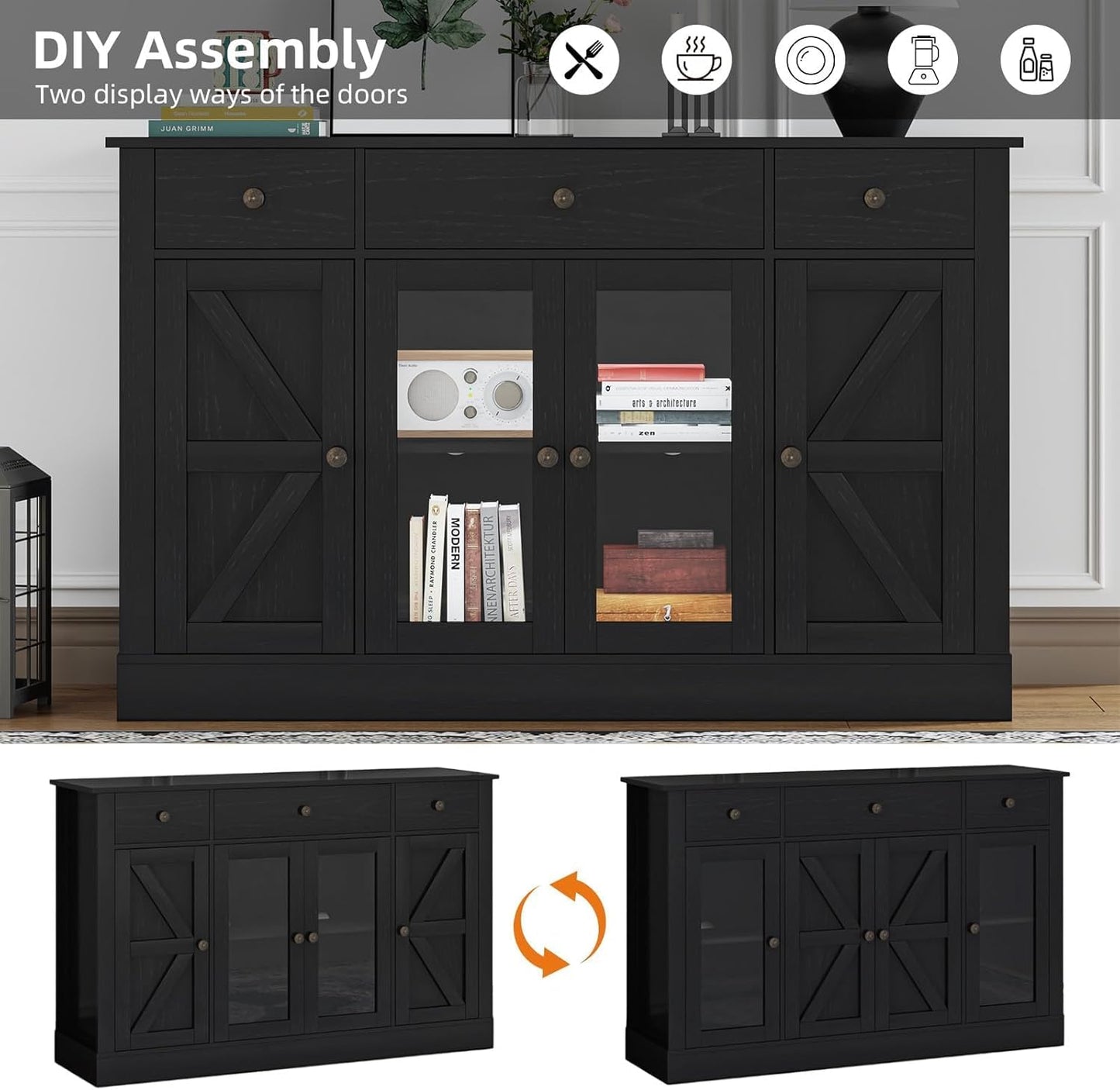 4 EVER WINNER 55" Coffee Bar with 4 Glass Doors and 3 Drawers, Sideboard Buffet Cabinet with Storage, Farmhouse Coffee Bar Cabinet with Adjustable Shelves for Kitchen, Dining Room, Black