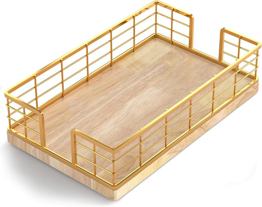 Wican Guest Towel Holder Tray for Bathroom, Oak and Iron Napkins Holder for Powder Room Dinning Table Wooden Basket for Disposable Paper Hand Towels Gold and Oak