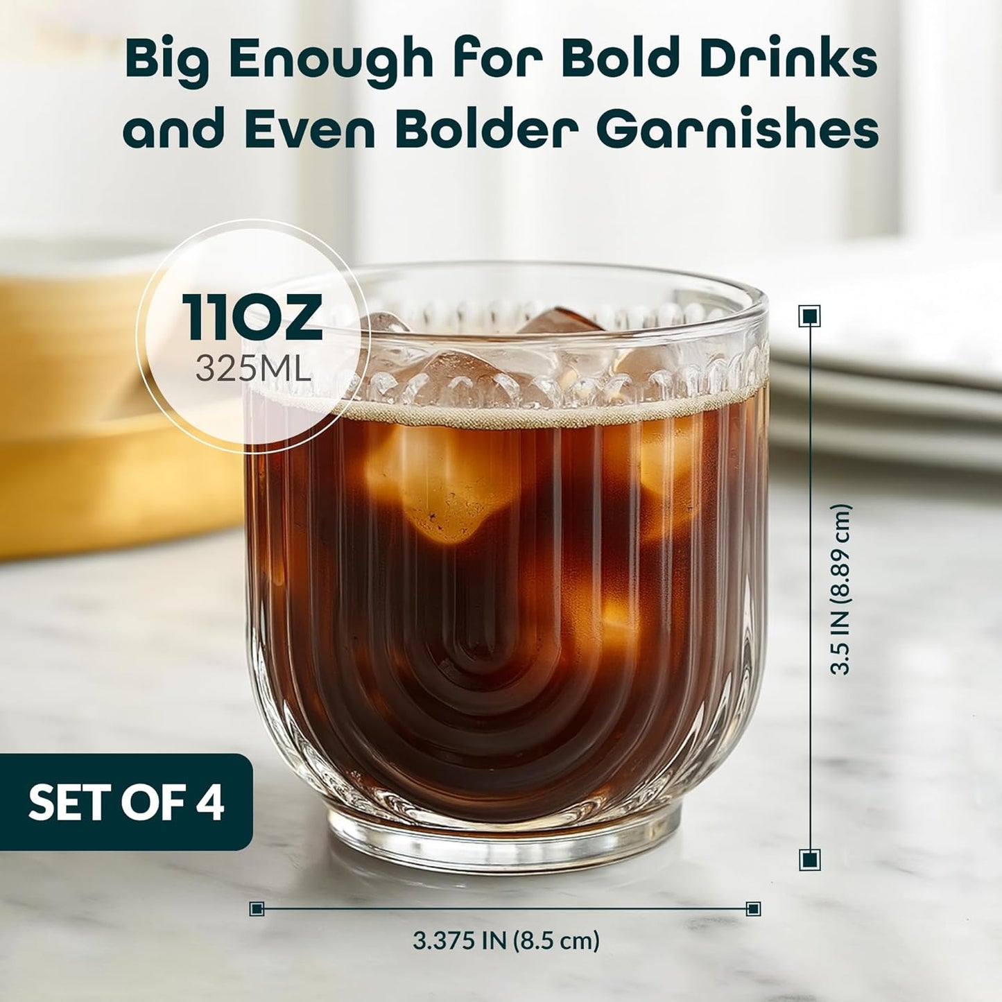 Glaver's Whiskey Glasses 11oz. Set of 4 Old Fashioned Bourbon Glasses. Ribbed Cocktail Arch Design Art Deco Bar Glassware for Whisky, Cocktails, Juice and Chilled Beverages.