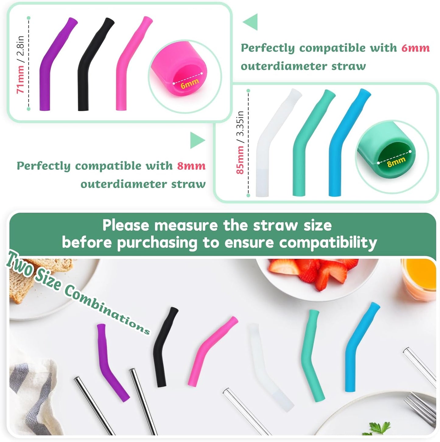 KEIFIN 6 Pcs Silicone Straw Tips 6mm 8mm Set Reusable Food Grade Rubber Straw Tips for Metal Glass Straws Replaceable Elbow Covers Fit for 6/8 mm Outer Diameter Straws