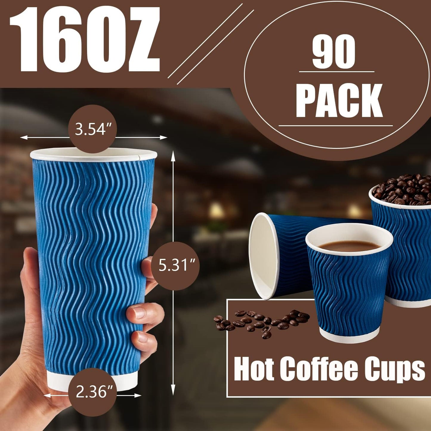 Lamosi 16 oz Coffee Cups - 90 Pack, Disposable Insulated Corrugated Paper Cups 16oz, Kraft Ripple Wall Cups for Hot Beverage or Cold Drinks (Navy)